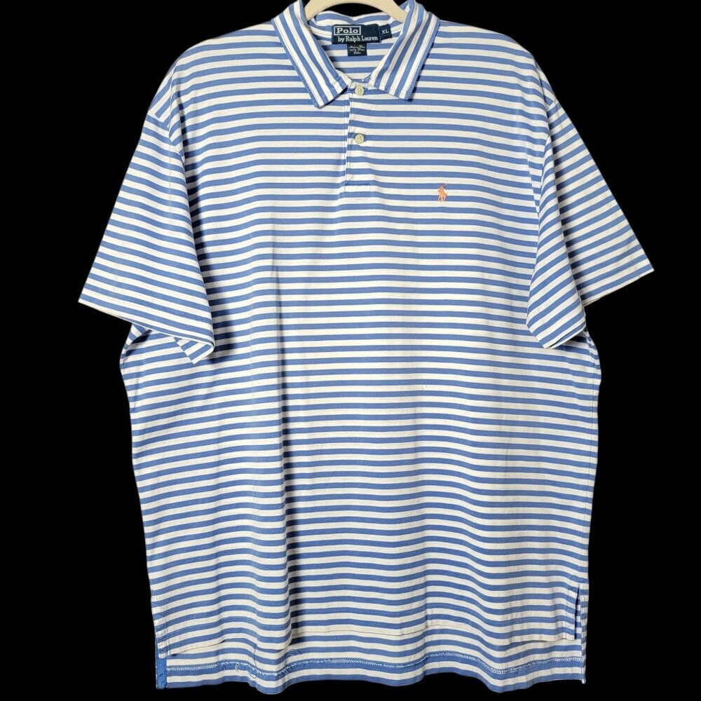 VTG Polo Ralph Lauren Mens Blue White Striped Pima Cotton Short Sleeve Shirt XL